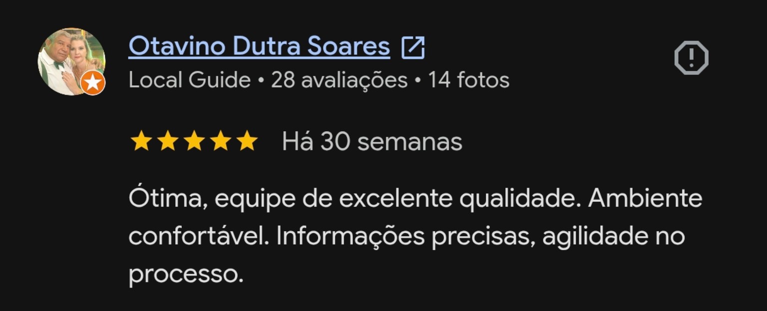 Captura de uma avaliação pública de cinco estrelas no Google sobre a qualidade e a agilidade do atendimento.