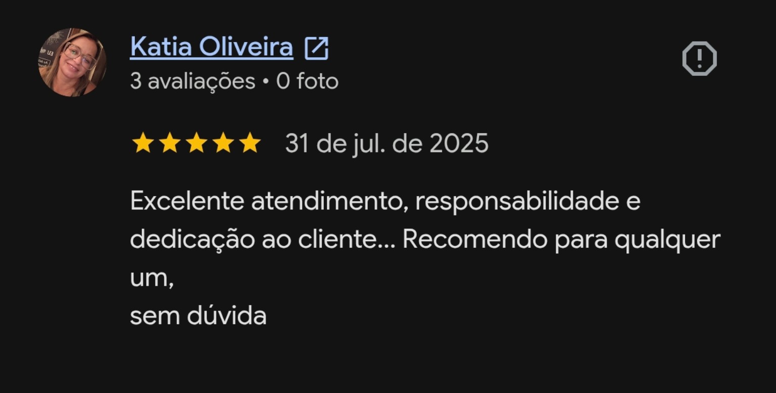 Captura de uma avaliação pública de cinco estrelas no Google sobre responsabilidade e dedicação no atendimento.